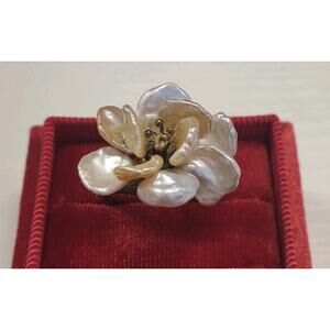 Natural Keshi Freshwater Pearl Flower Petal Ring Size 10 Peach And White Silver